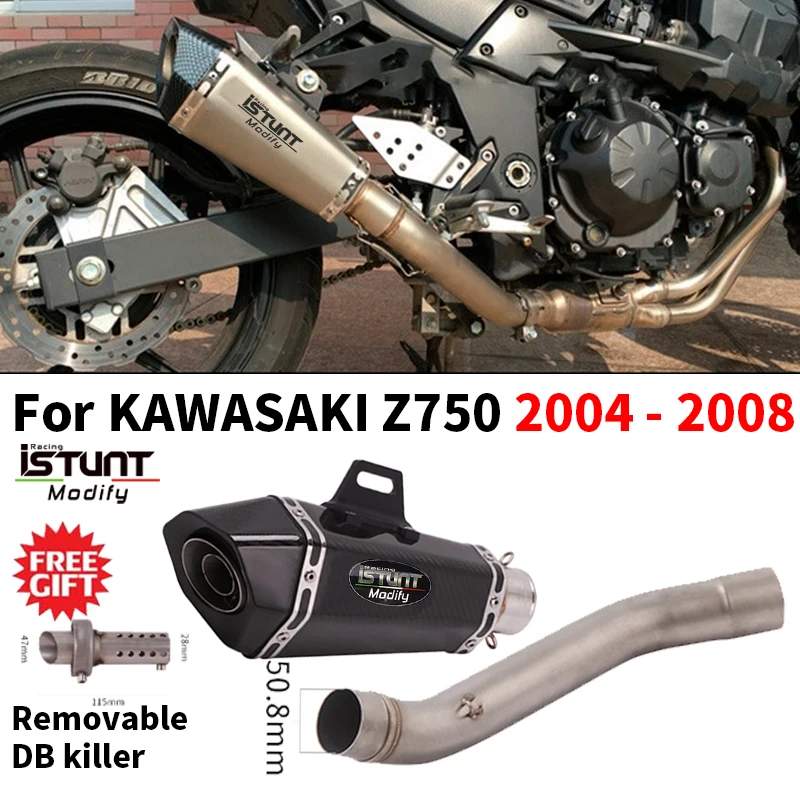 For Kawasaki Z750 2004-2008 Motorcycle Exhaust Tips 51mm Muffler Slip On Middle Link Pipe With DB Killer Stainless Steel Escape