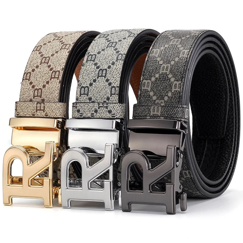 Men Automatic Buckle Belt Vintage Pattern Faux Leather Waist Belt R Shape Alloy Buckle for Business Jeans