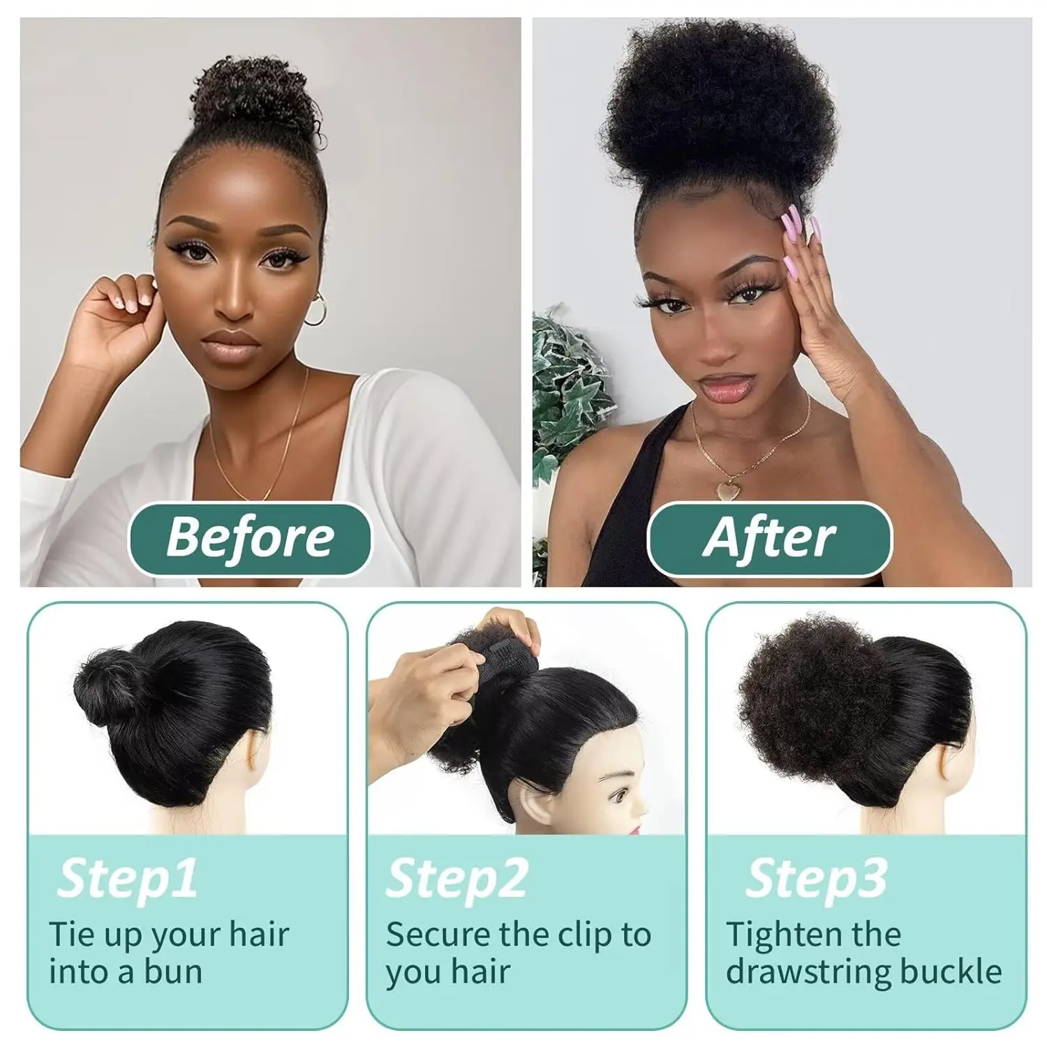 Ekstensi rambut poni ekor kuda model Afro Kinky Puffs 100% rambut manusia untuk wanita kulit hitam ukuran 4 #   99J 30 Aksesoris Rambut Afro Keriting Kinky Curly Puff