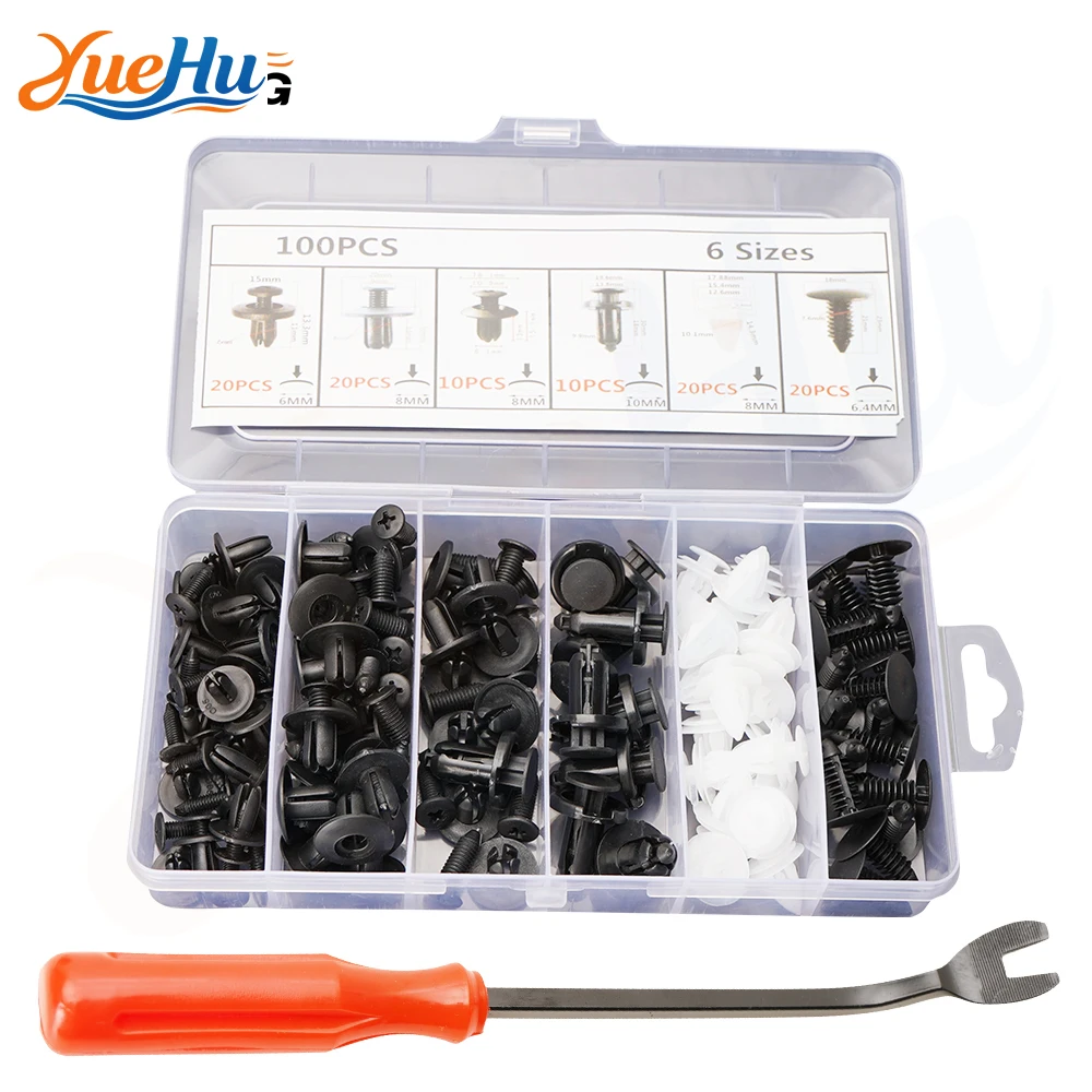 

YUEHU 100PCS Boxed Bumper Clips Car Retainer Clips Plastic Fasteners Kit Auto Body Push Rivets Fender Liner Clip Set