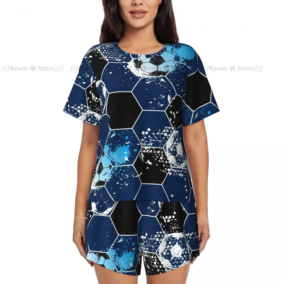 Women's Pajamas Short Sleeves Abstract Football Sport Pattern 2 Pieces Female Summer Sleepwear Nightwear Homewear