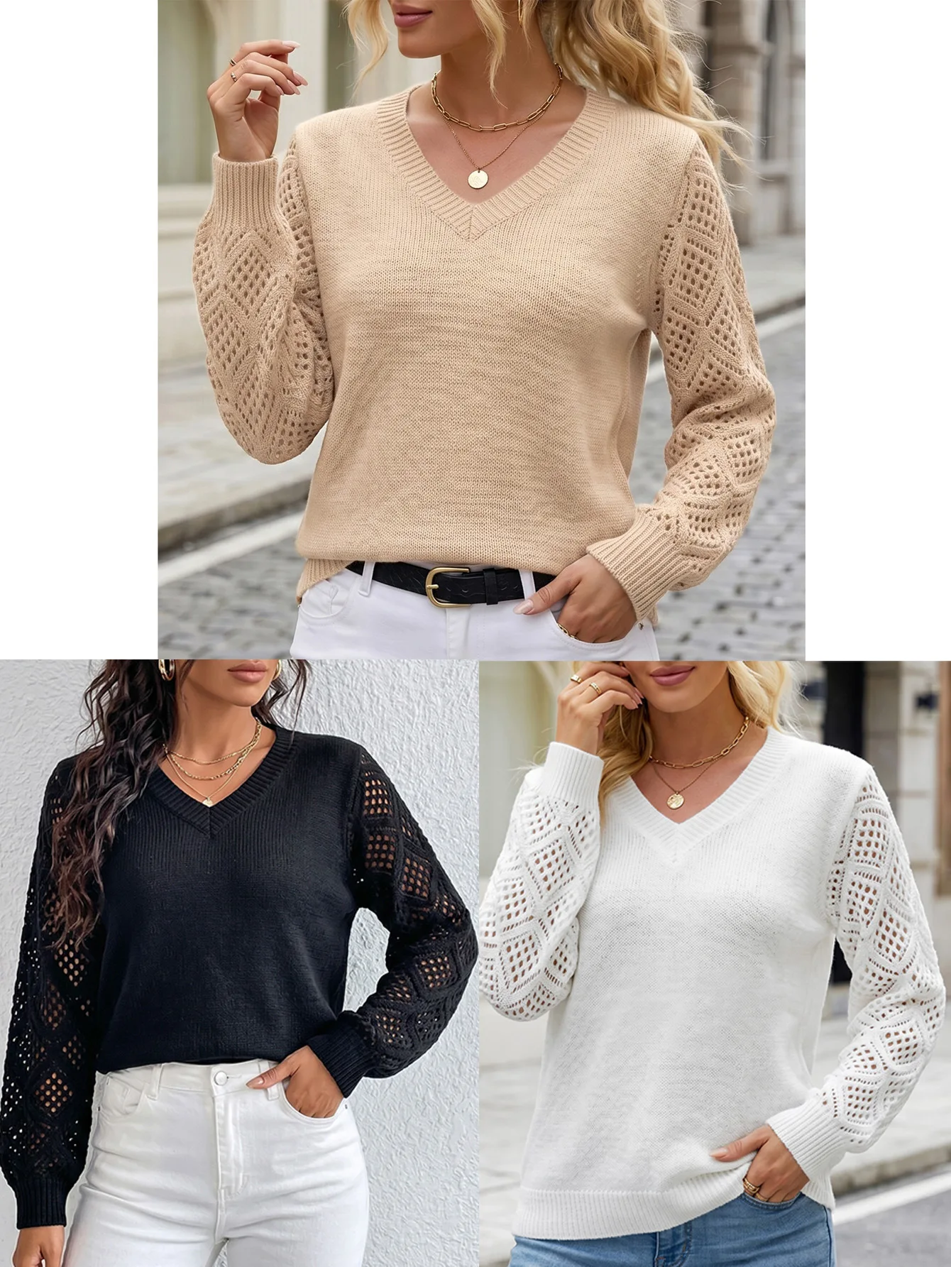 Women Autumn Solid Color V Neck Diamond Hollow Out Long Sleeve Knit Top, Loose Breathable Versatile Knit Basic Shirt
