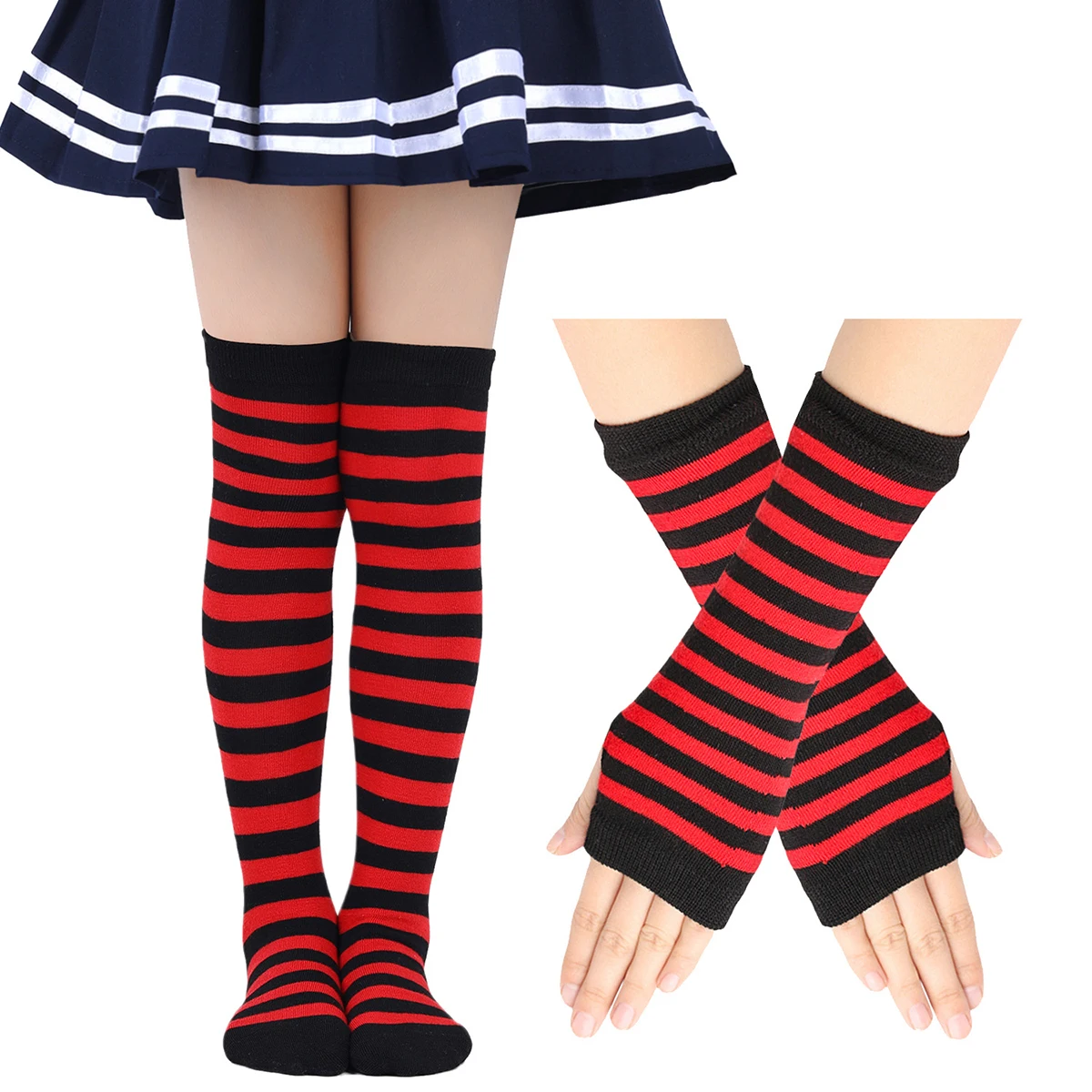 Children Girls Striped Stocking Socks Kids Knee High Socks School Girls Over The Knee Hosiery Arm Warmer Fingerless Gloves Set