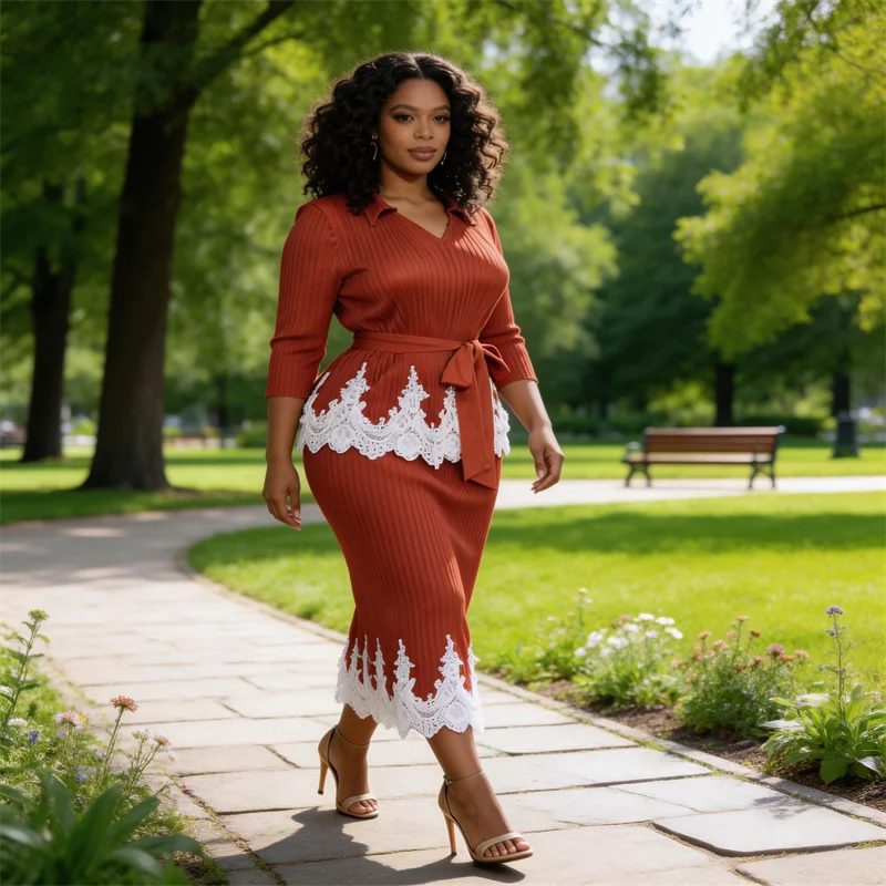 

Костюм с плиссированной юбкой Miyake для женщин, новая модная коллекция 2026 года: элитный топ с кружевной отделкой и контрастными вставками + юбка-рыбка, комплект из двух предметов