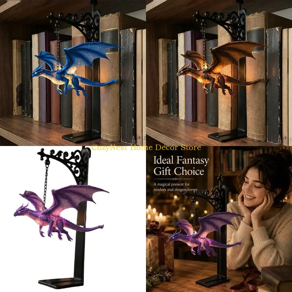 92MF Dragon Bookend Lamp with Warm Light Shelf Accent for Home Shelves