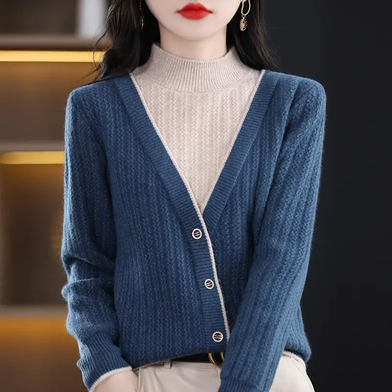 2023 Autumn Winter New Half High Neck Sweater Women Contrast Button Korean Simple Loose Splice Fake Two Piece Long Sleeve Tops