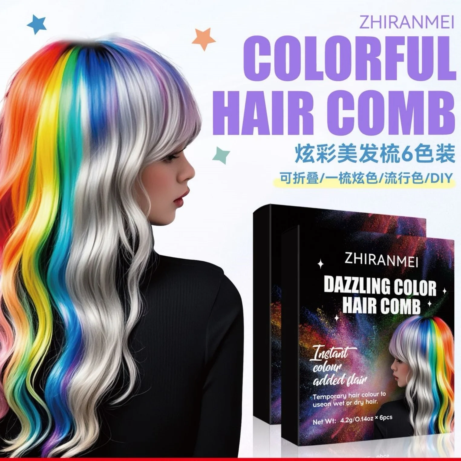 

6Pcs Dazzling Color Hair Chalk Comb For Girls Temporary Washable Rainbow Hair Color Dye Brush DIY Hair Styling Tools For Party