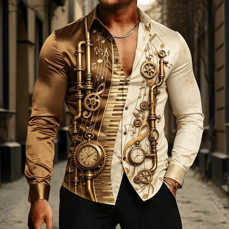 Men's Music Gear Print Long Sleeve Shirt, Vintage Clock & Piano Key Pattern, Creative Retro Style Button Down for Spring Summer