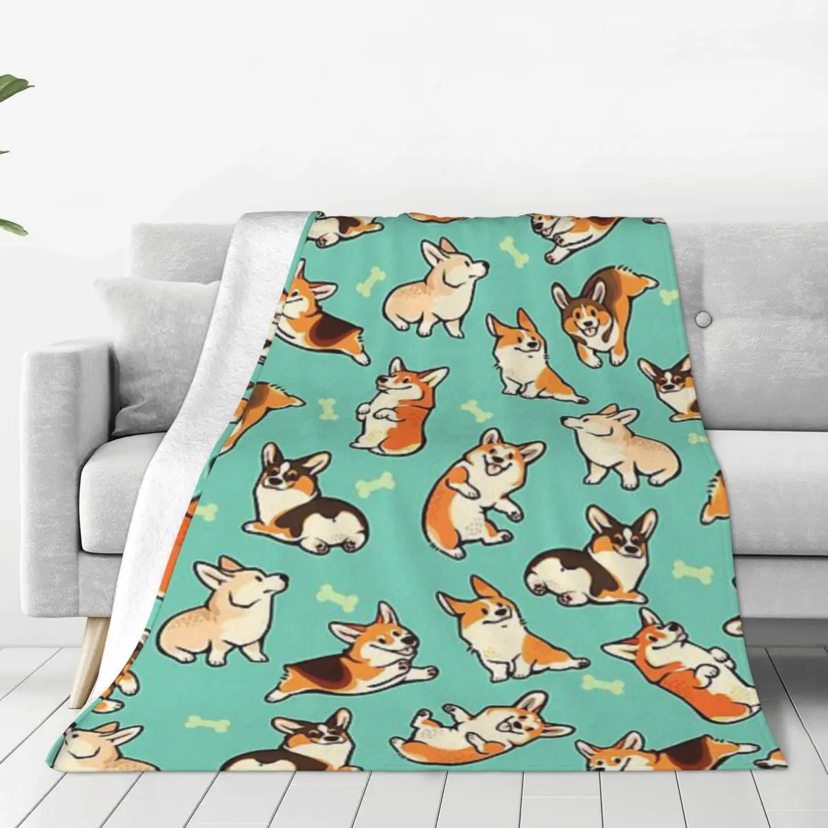 Jolly Corgis In Green Blanket Flange Textile Decor Portable Super Soft Throw Blankets for Home Office Plush Thin Quilt