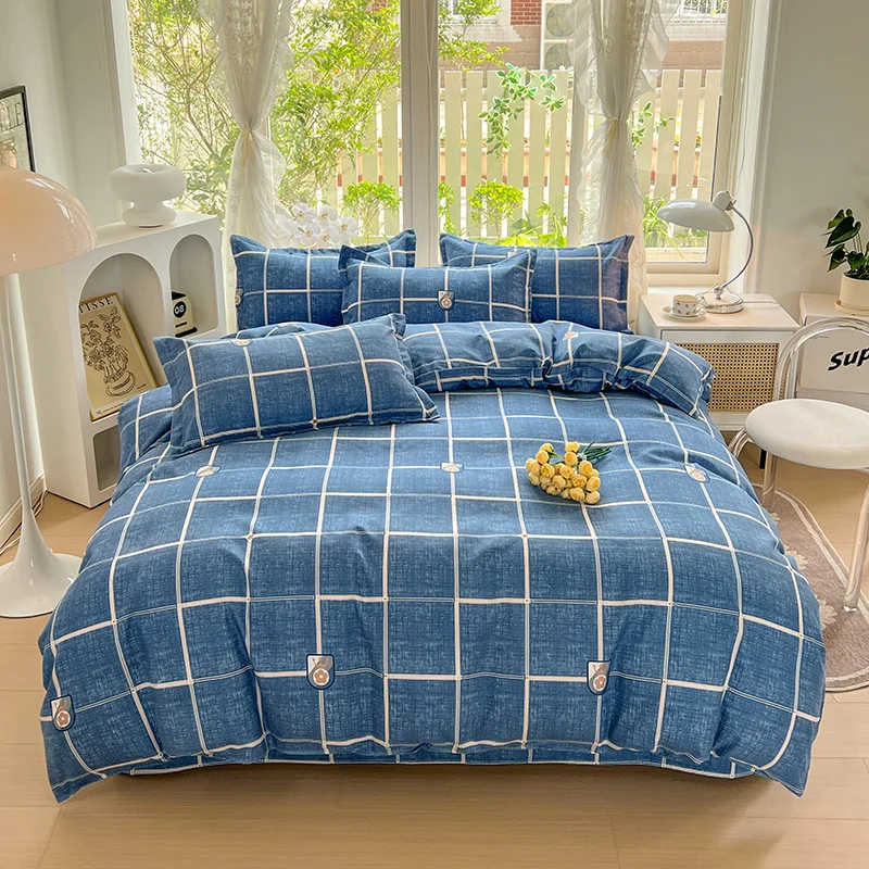 Checker Geometric Duvet Cover Set Queen Size Blue Reversible Plaid Comforter Covers Soft Grid Simple Bedding Sets Bedroom Decor