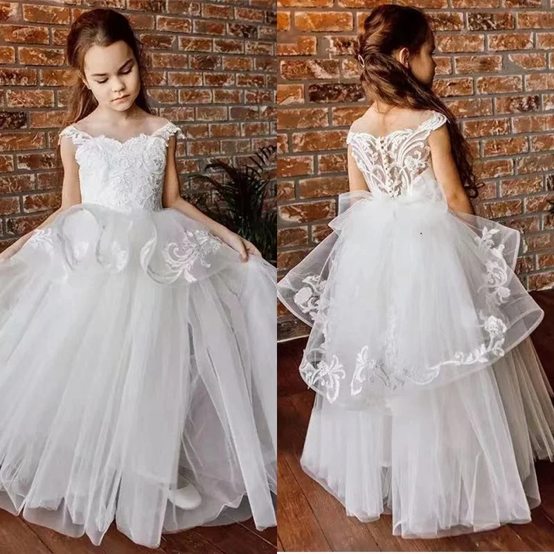 

Elegant A-Line Ivory/White Flower Girl Dresses For Weddings Lace Appliques Birthday Party Princess First Communion Gowns