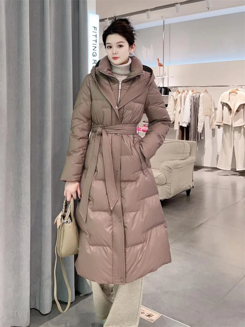 

Long Knee Length Down Cotton Jacket for Women's Clothing in Winter 2025, New Hooded Waist Cinching and Slim Cotton Jacket, Thick