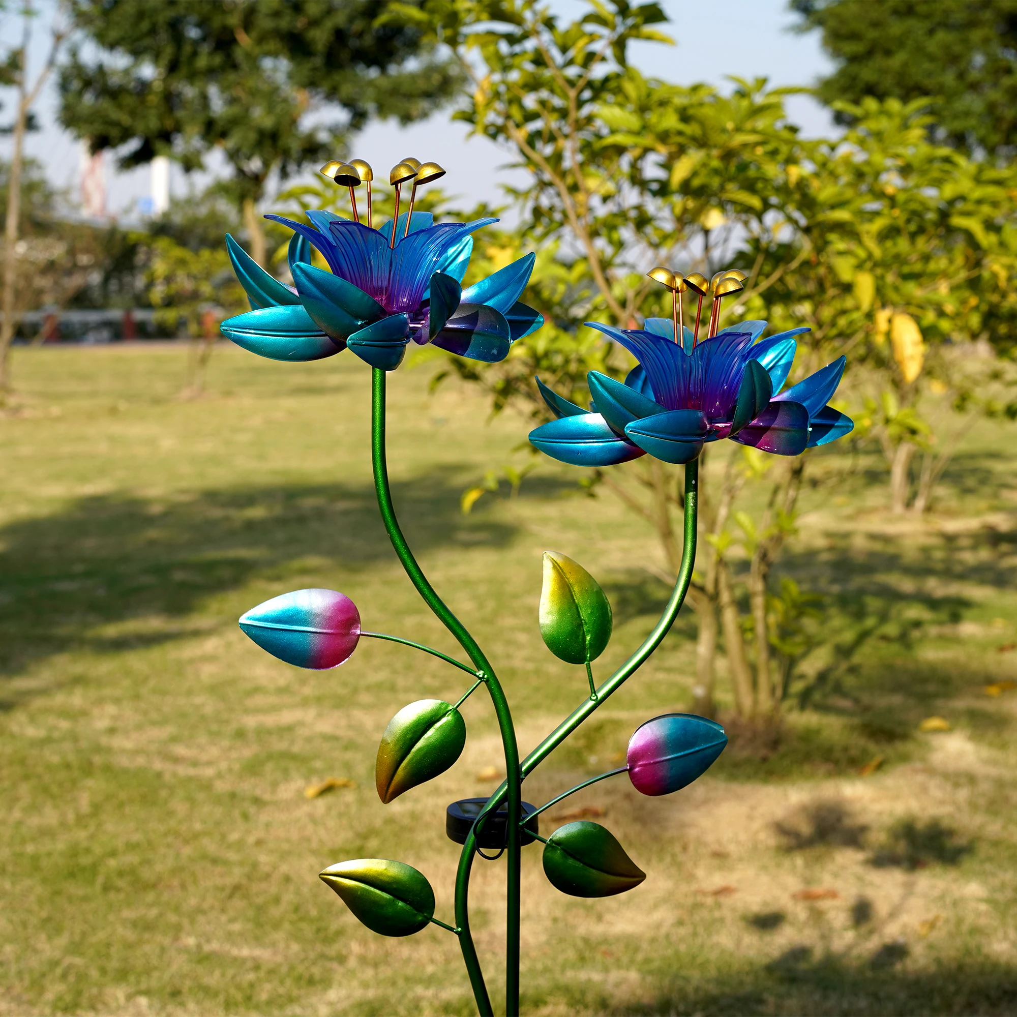 Hourpark Hourpark Solar Wind Spinner Garden Lotus Flower Garden 3D Blue Metal Windmill