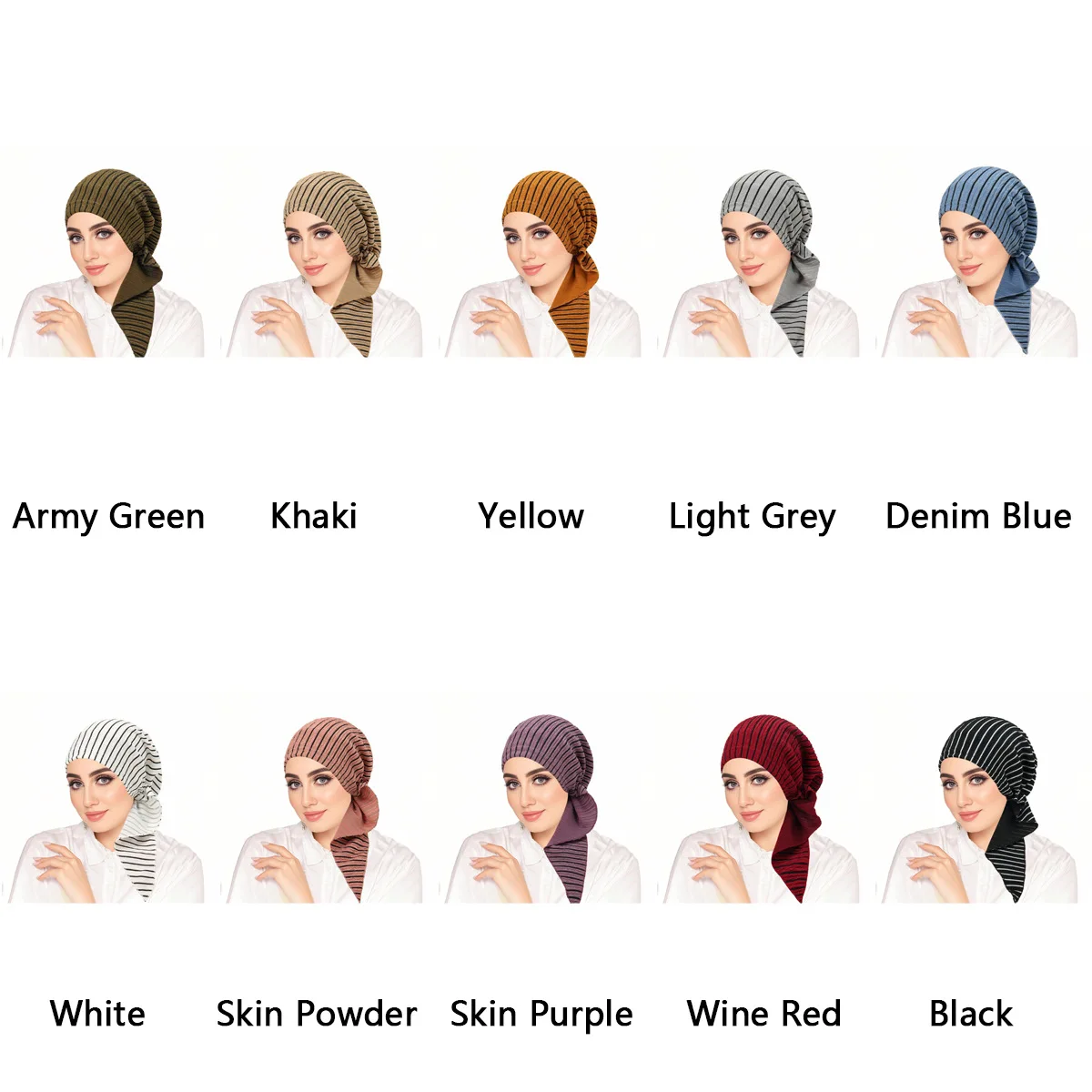 

Women Pre-Tied Instant Hat Hijab Stripe Turban Muslim Chemo Cap Long Tail Hair Loss Headscarf Bonnet Head Wrap Headband Bandanas