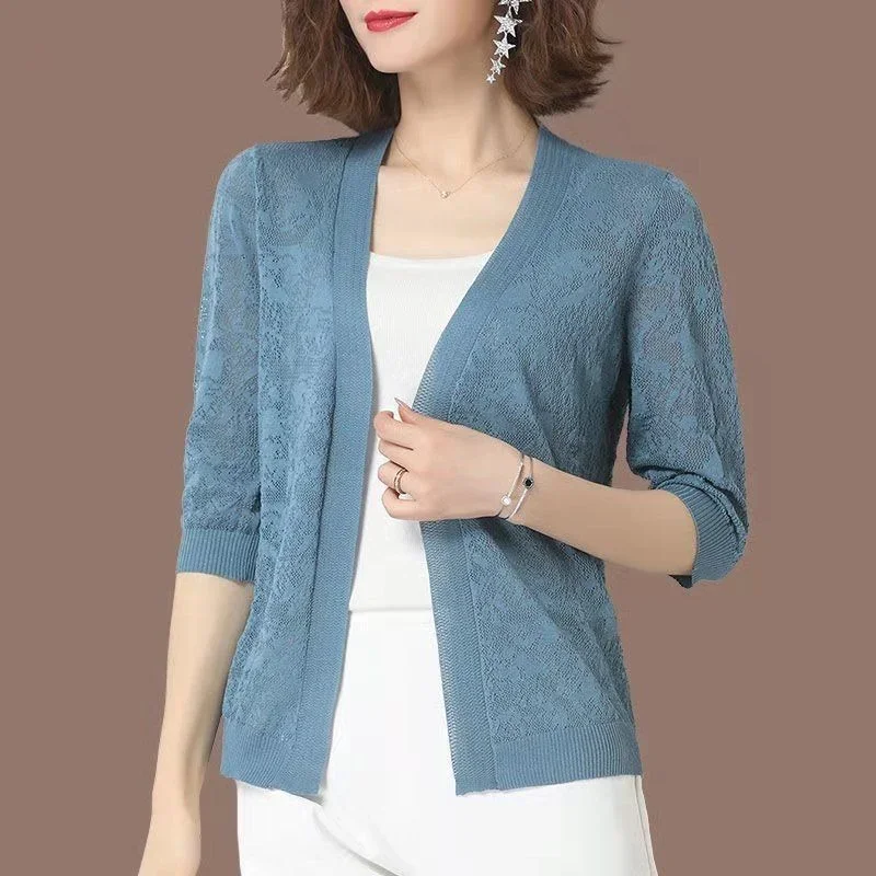 Women 5XL Hollow Out Knitwear Summer Spring Lady Knit Cardigan Long Sleeve Thin Hollow Knitted Outerwear X283