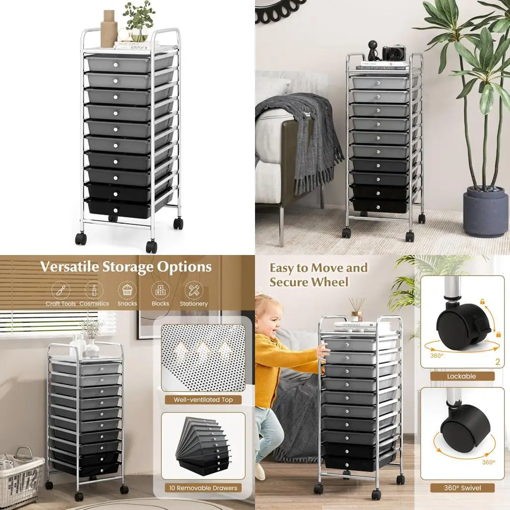 عربة تخزين دوارة ذات 10 أدراج مع أدراج قابلة للإزالة وإطار فولاذي، عربة متنقلة متعددة الاستخدامات مع عجلات عالمية لـ Versati #1