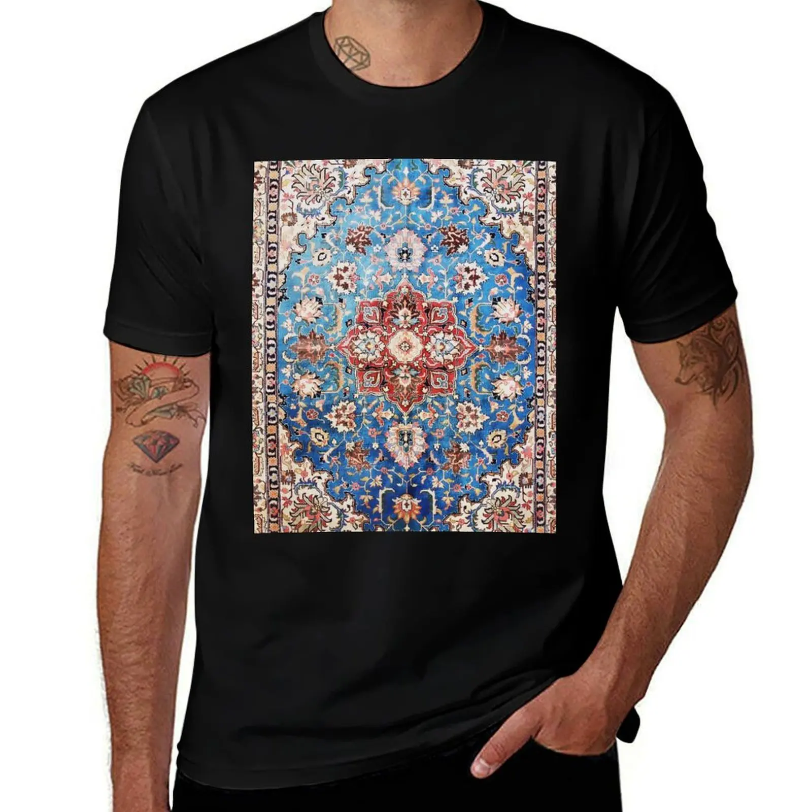 Tabriz Rug With Blue Field Print T-Shirt Christmas Casual Short Sleeve Top