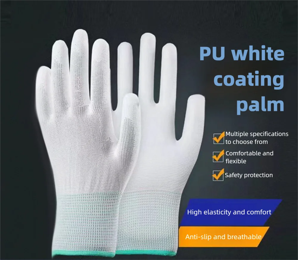 

PU White Coated Palm Gloves Anti-Slip Breathable Flexible Comfortable Safety Work Gloves with Multiple Sizes for Labor Protectio