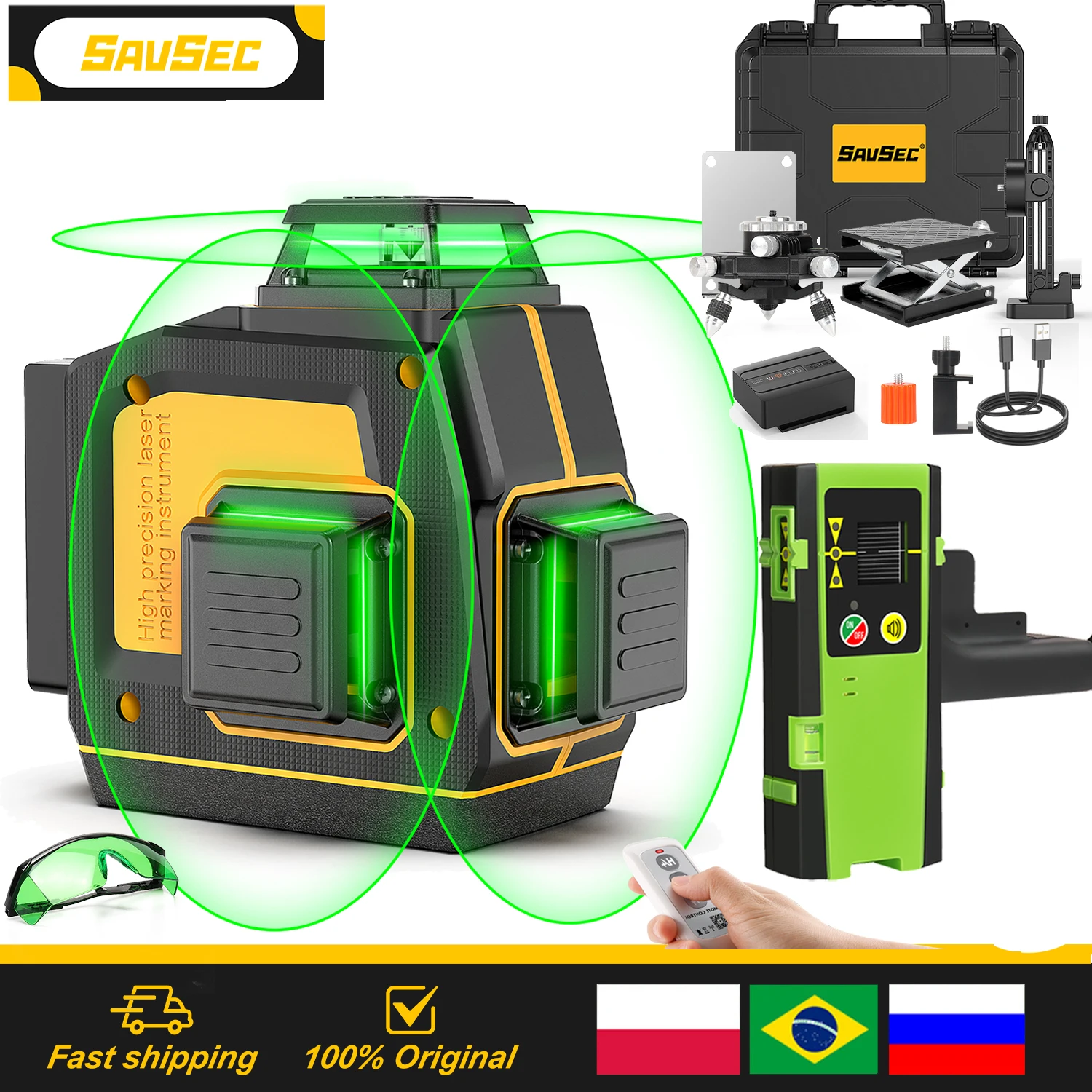 Livella laser 3D Savsec Y03CG con rilevatore verde 360 ° Strumenti laser autolivellanti a linee incrociate con telecomando, adattatore e custodia