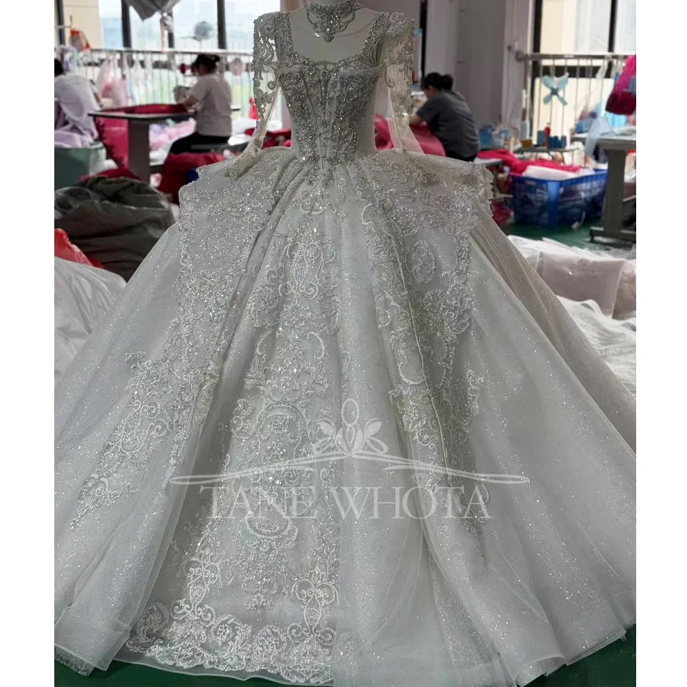 Crystal Sequined Bridal Dress O-Neck Long Sleeve Lace up Keyhole Back Embroidery Wedding Dress for Women