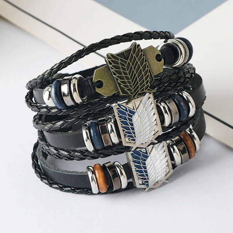 Anime Cartoon Action Attack On Titan - Investigation Corps Logo Bracelet - Leather Weaving Handpiece Boys Birthday Gift