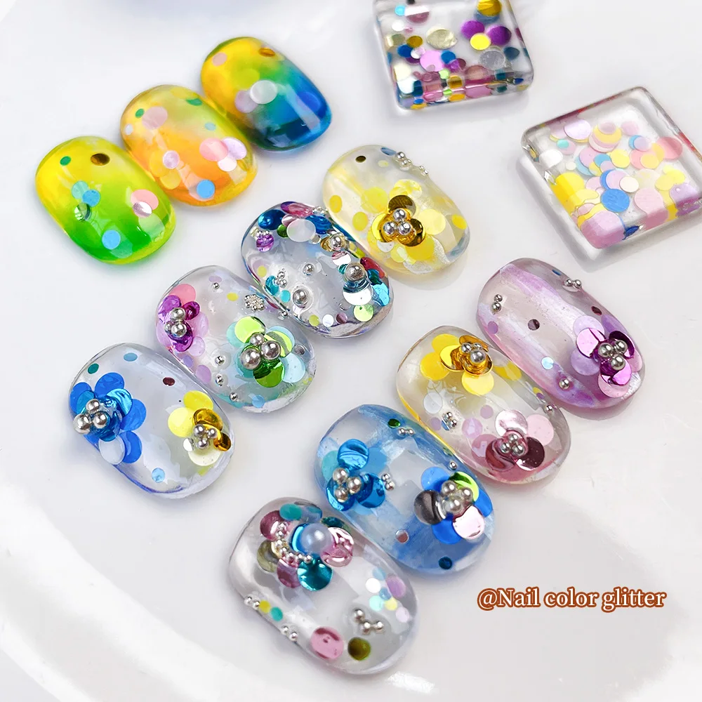1 Box Color Round Nail Glitter Sequins Mixed Sizes Flower Wave Point Sequins Sparkle Circle DIY Spliced Flower Nail Decorations