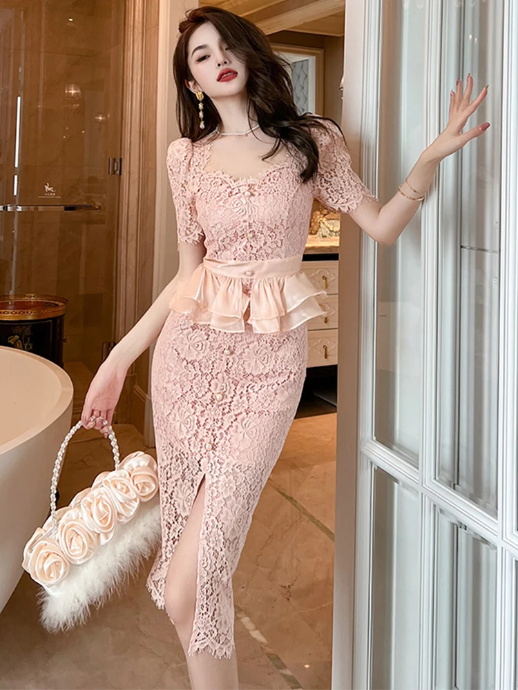 Summer Dress Women 2023 Sweet Fairycore Sexy Midi Dresses Pink Sheer Lace Hook Flower Ruffles Split Robe Lady Prom Party Vestido