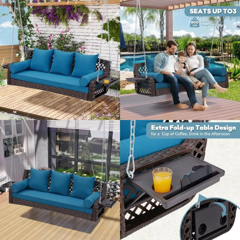 أرجوحة فناء ذات 3 مقاعد من الخيزران البني مع حاملات أكواب ووسائد خلفية للسطح أو الحديقة أو الفناء الخلفي