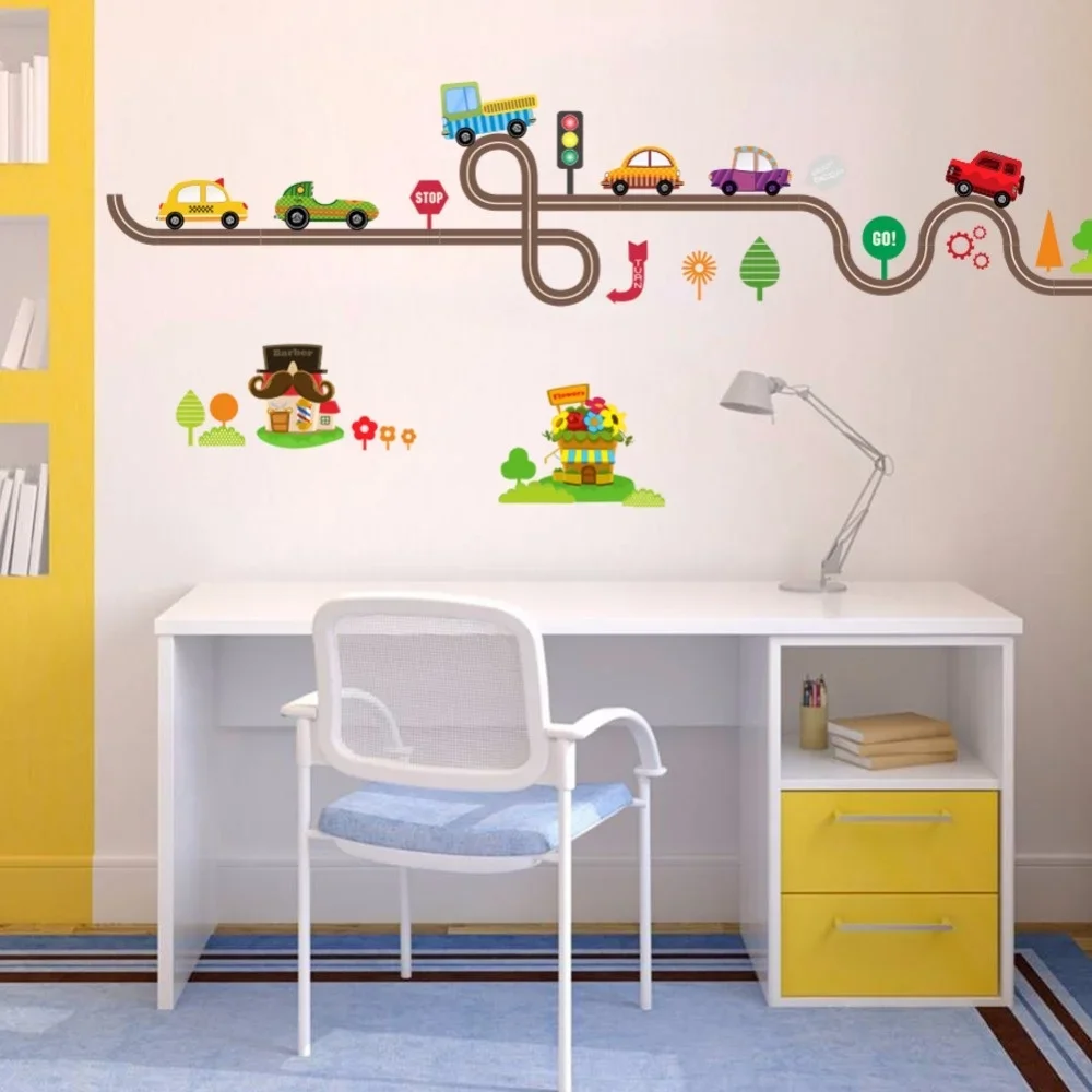 Pegatinas de pared de pista de carretera de coches de dibujos animados para habitaciones de niños, pegatinas de arte para decoración de dormitorio de sala de juegos para niños