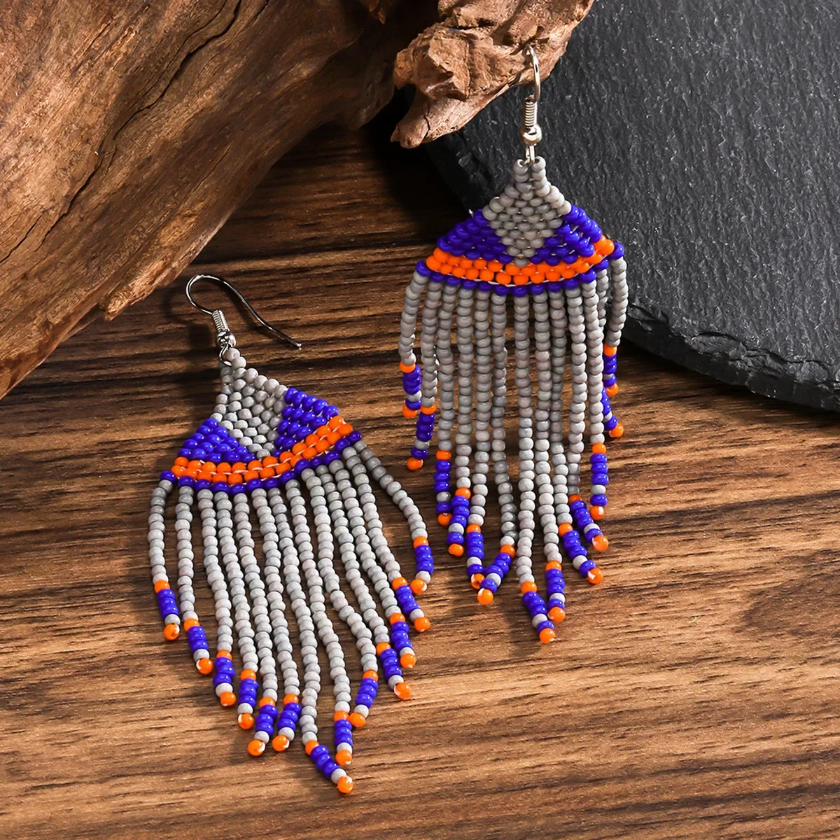

ZGMXR Rice bead earrings Tassel Geometry Design Originality Hand knitting Bohemia Alloy Fashion Simple Beaded earrings