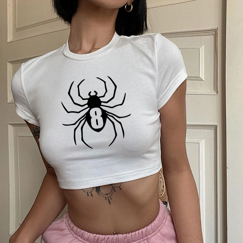 2024Spider Print Graphic Grunge Summer Crop Top Tees Women Slim Top Gothic Streetwear Female Hippie Manga Clothes