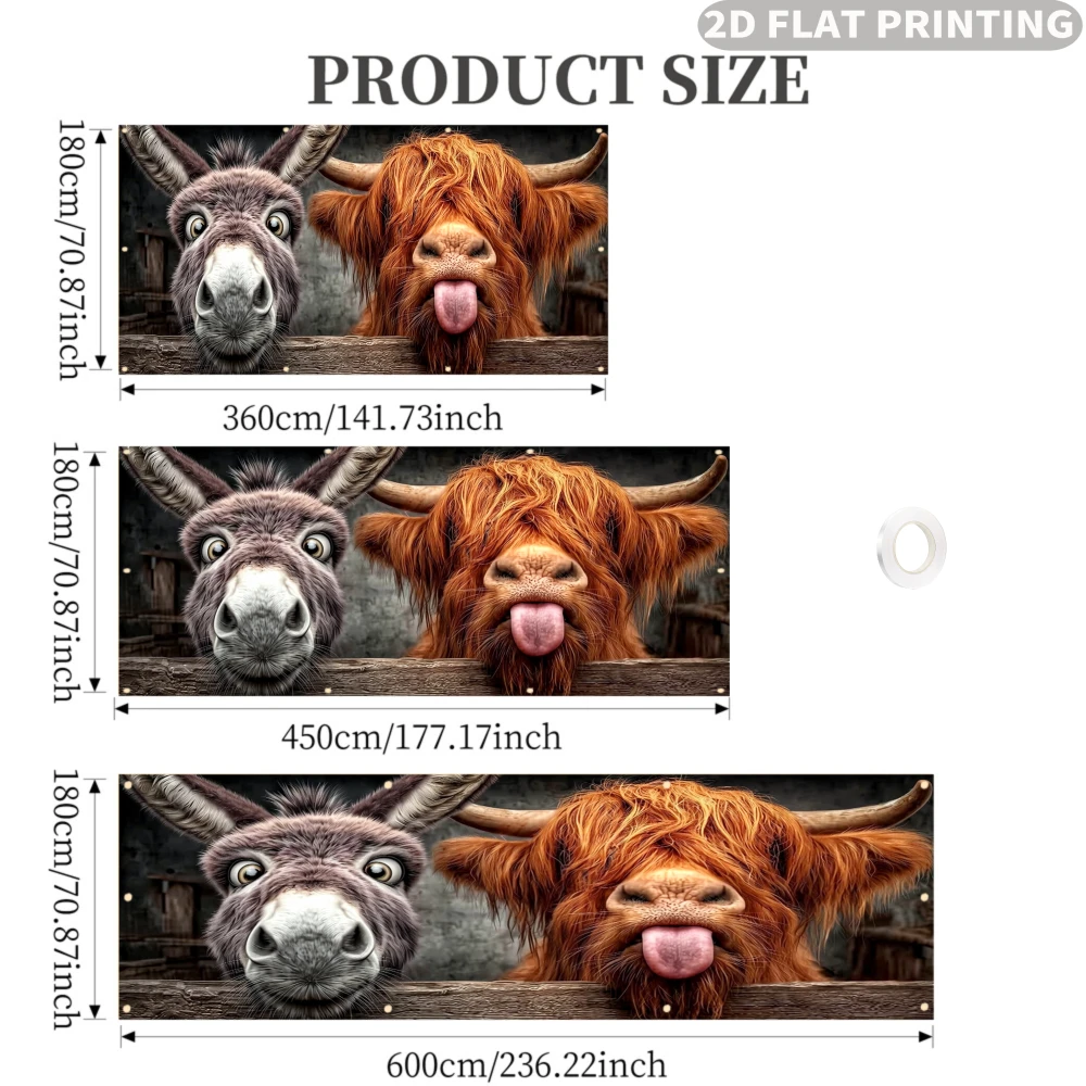 1pc 2D FLAT Funny Donkey And Highland Cow Garden Privacy & Protective Screen, Decorative Polyester Banner, Ideal for Garden
