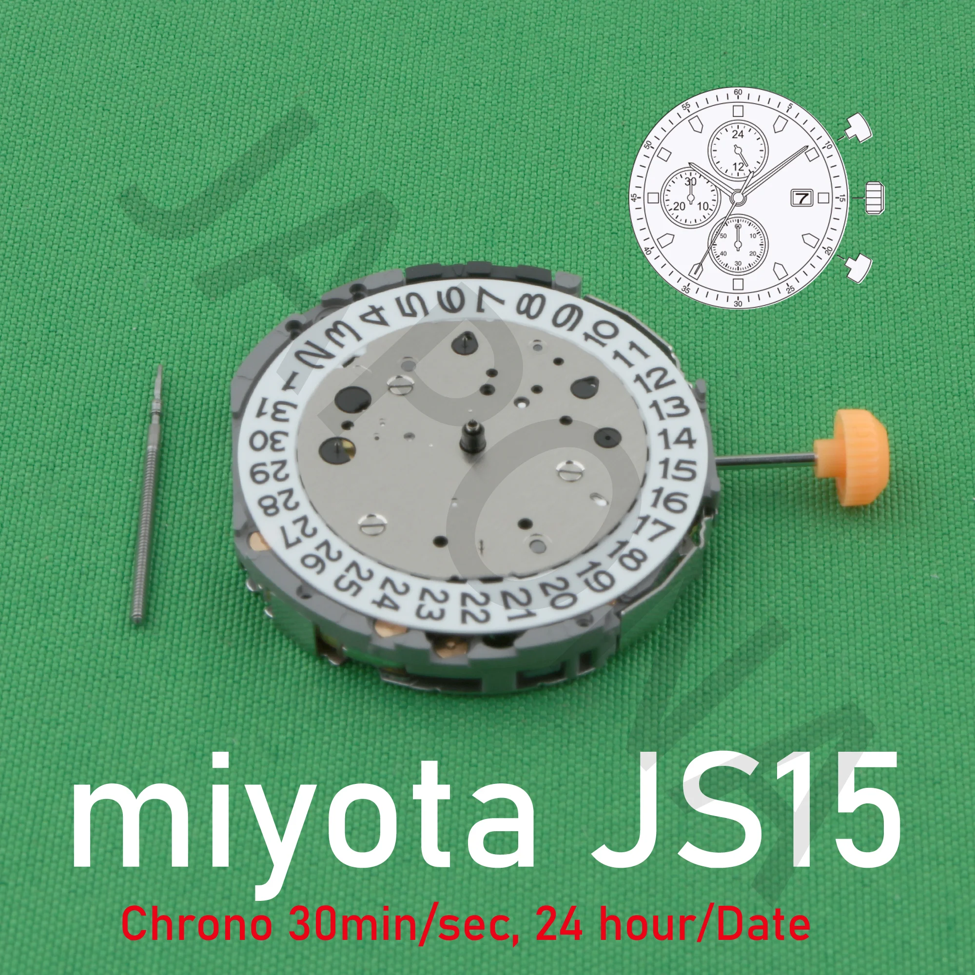 Js15-movimiento miyota Js15-3, cronógrafo japonés, 30min/seg, fecha de 24 horas