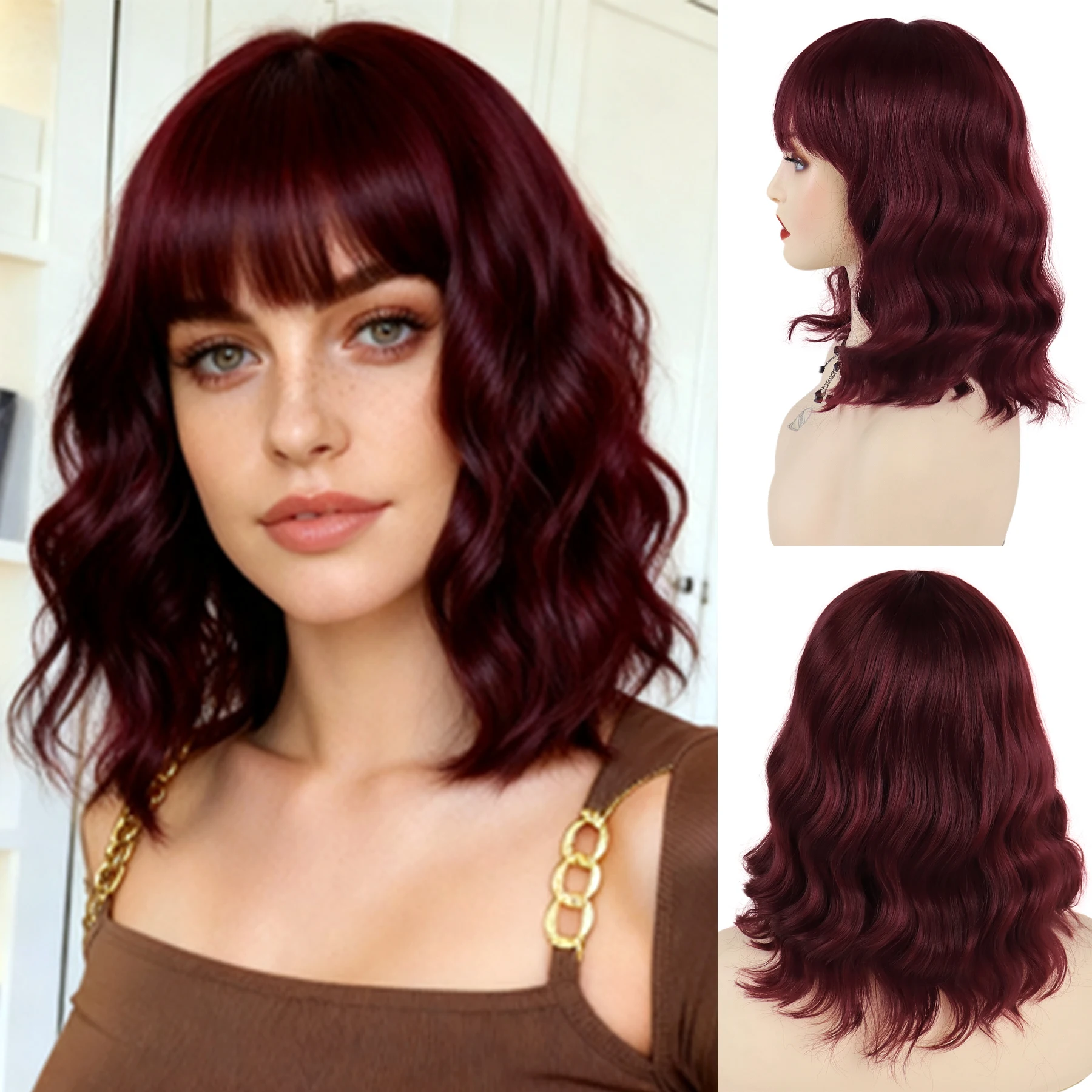 

Synthetic Shoulder Length Wine Red Wigs for Women Girls Wavy Curly Wig with Bangs Heat Resistant Daily Cosplay Costume Party