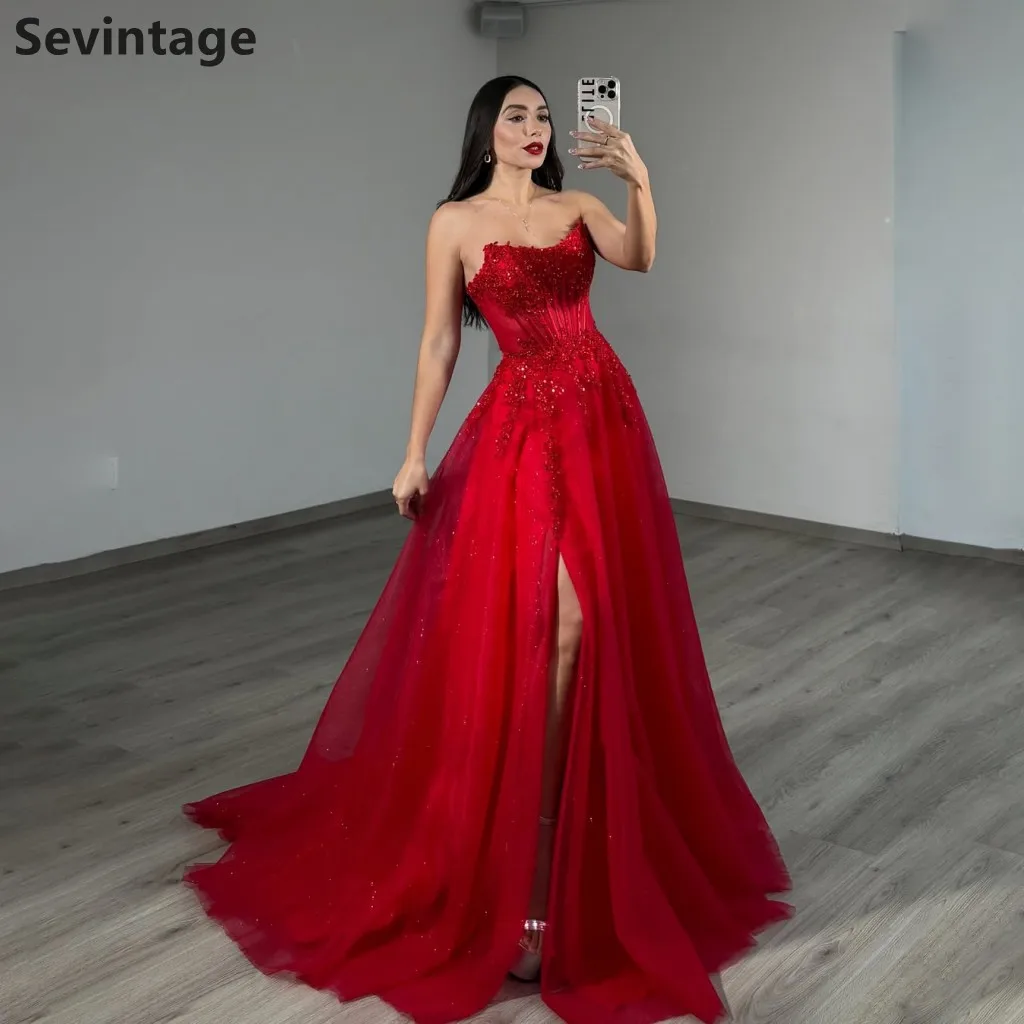 

Sevintage 2025 A Line красное тюлевое вечернее платье сказочное кружевное платье для выпускного вечера с аппликацией вечернее платье по индивидуальному заказу