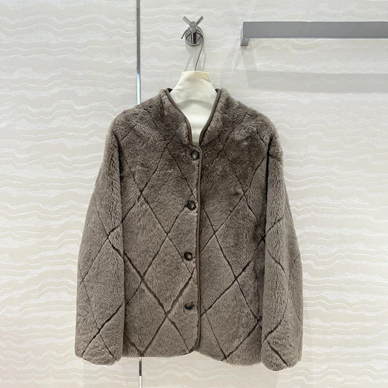 2024 Fashion Winter Women's Top Sheepskin Diamond Check Vintage Nico Coat Women's Jacket Mid Luxury Brand Y2k Women's Clothing