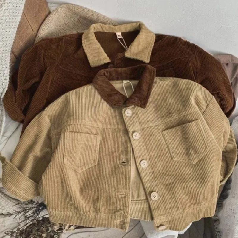 

Детское вельветовое пальто в стиле пэчворк с воротником с лацканами, осень 2022, новинка в стиле ретро для мальчиков и девочек, повседневная куртка-кардиган большого размера с длинными рукавами