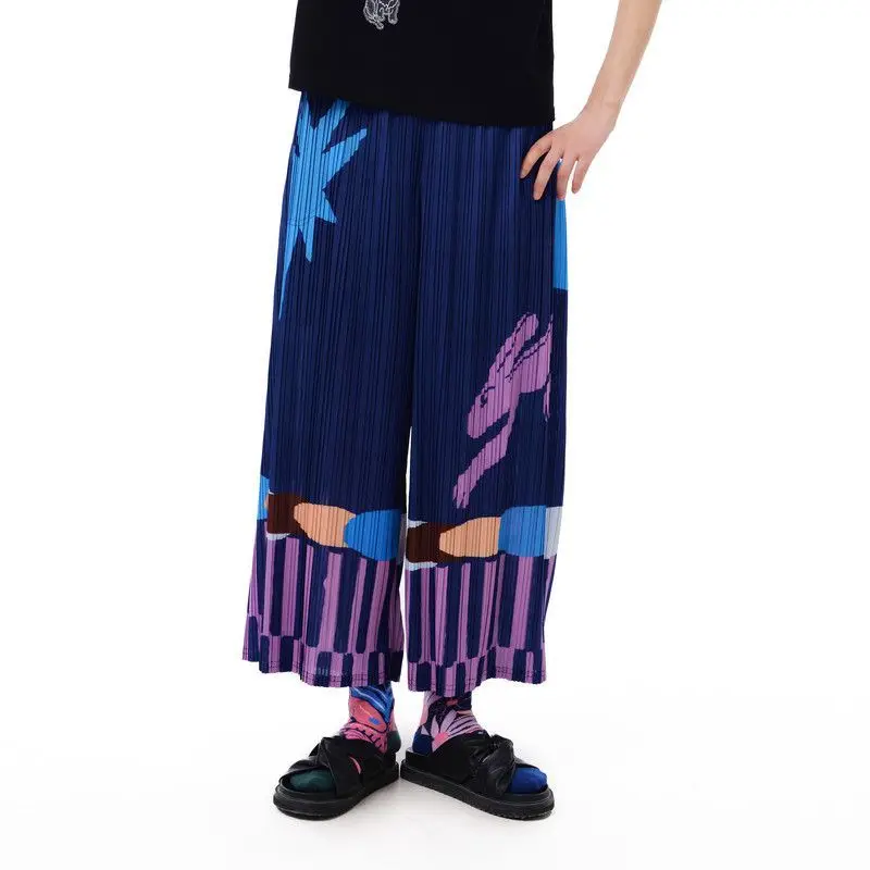 Pleated summer new FUN series elastic waist pocket fun printing casual straight-leg pants women  trousers