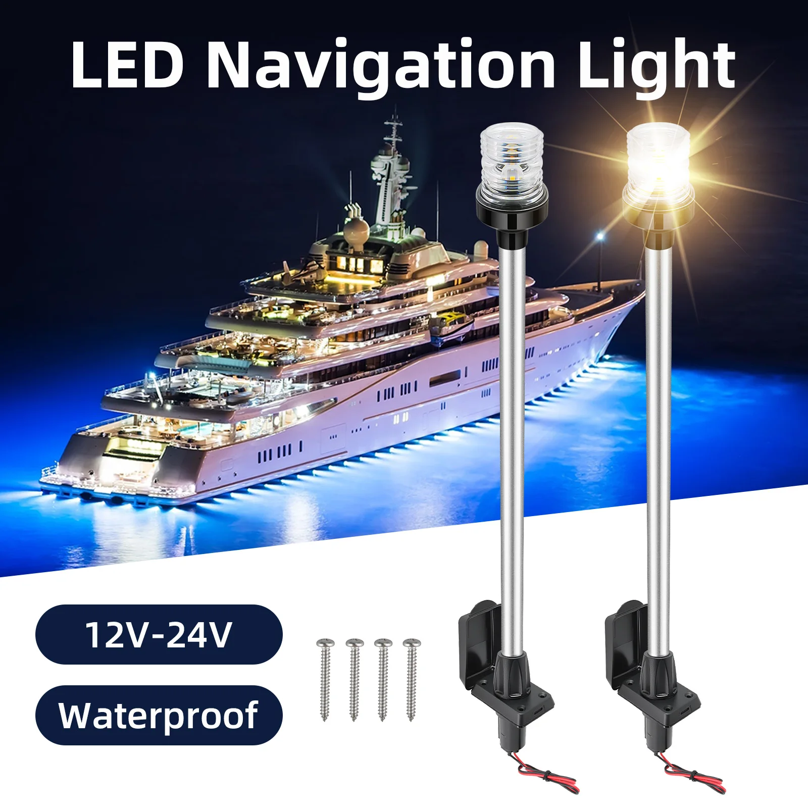 ZMFJH Stern Light Anchor Lamp LED Marine Boat Sailing Lights Pole All Round White Removable 2 Pin Plug In Angled Base 22INCH