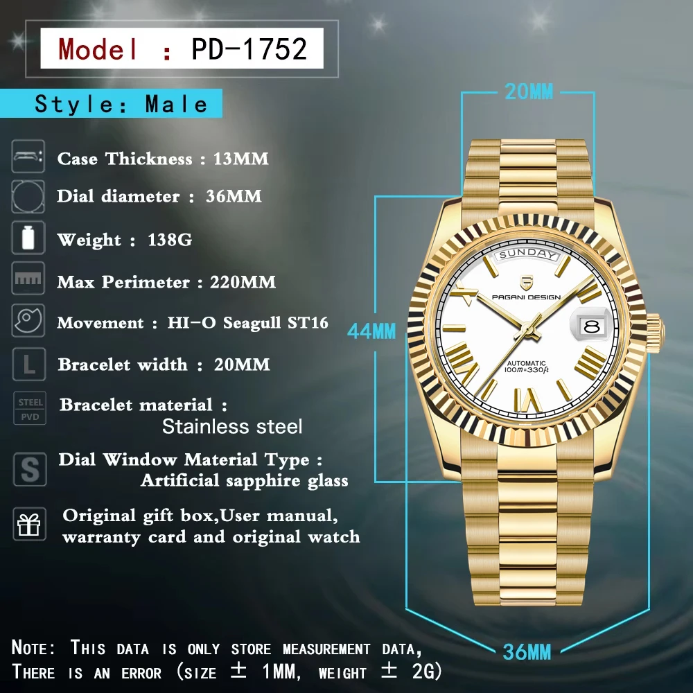 2025 Nuovi orologi da uomo PAGANI DESIGN DD36 Orologio meccanico Orologio automatico da uomo Orologi con visualizzazione settimanale Moda AR Specchio zaffiro