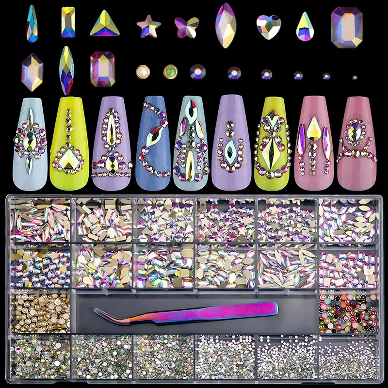 3D 21-Grid Crystal Charms 20-Shape Bow Nail Stickers Nail Art Amulet Box Set