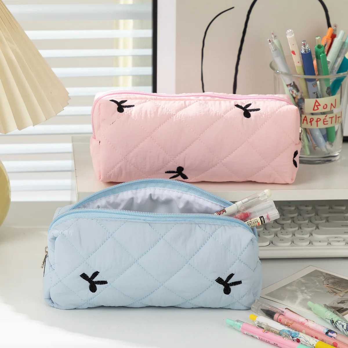 Simple Solid Color Bowknot Pencil Case Portable Desktop Stationery Storage Box Multifunctional Bag Students School Pen