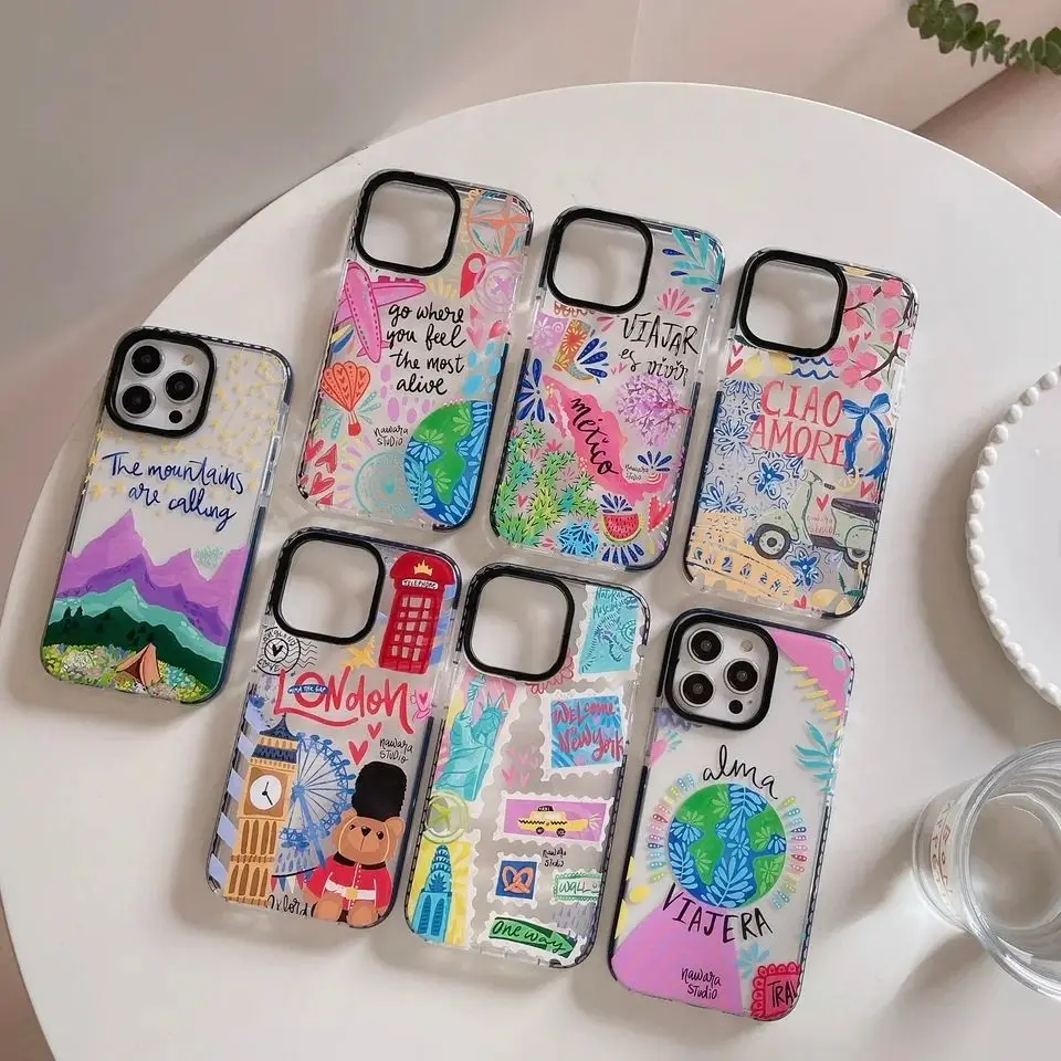 Ins Funny Landscape Plant Architecture Graffiti Series Shockproof Protective Cover Case For iPhone 15 14 13 12 11 Pro Max Plus