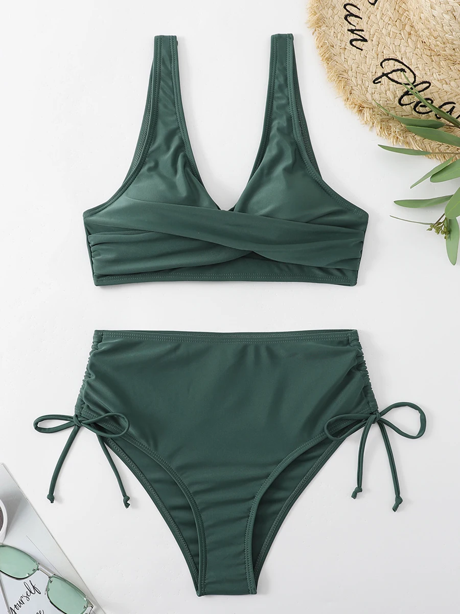 Sexy tie lado conjunto de biquíni feminino folha impressa e sólida banho feminino push up maiô cintura alta maiô verão beachwear