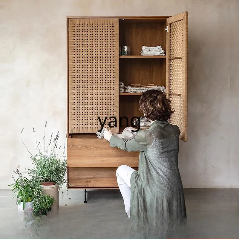 LT retro solid wood braided rope wardrobe teak color wabi wind bedroom storage wardrobe