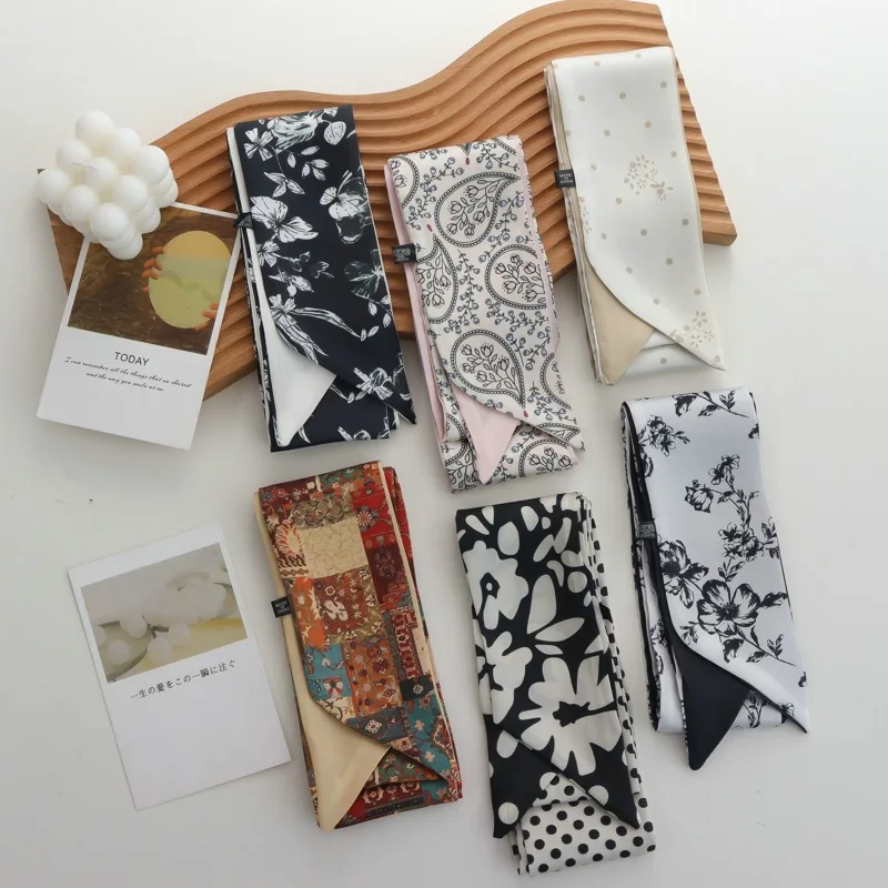 Scarf Design Ink Painting Hair Band Silk Scarf Women's Thin Narrow Long French Original Arm Bag Decorative Ribbon Long Strip