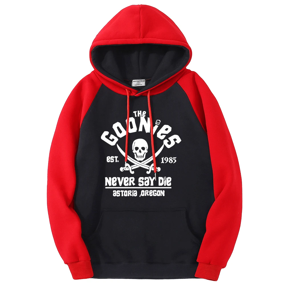 The Goonies Never Say Die Color Collision Hoodie Men Loose O-Neck Clothing Fleece Casual Hoody Raglan Sweatshirts Comics Hip Hop