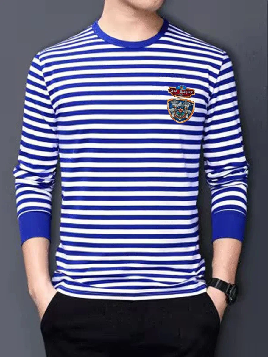 Russian Airborne VDV Emblem Paratrooper Medal Sailor's Striped Shirt Polyester Cotton Long Sleeve Mens T-Shirt Telnyashka Tops