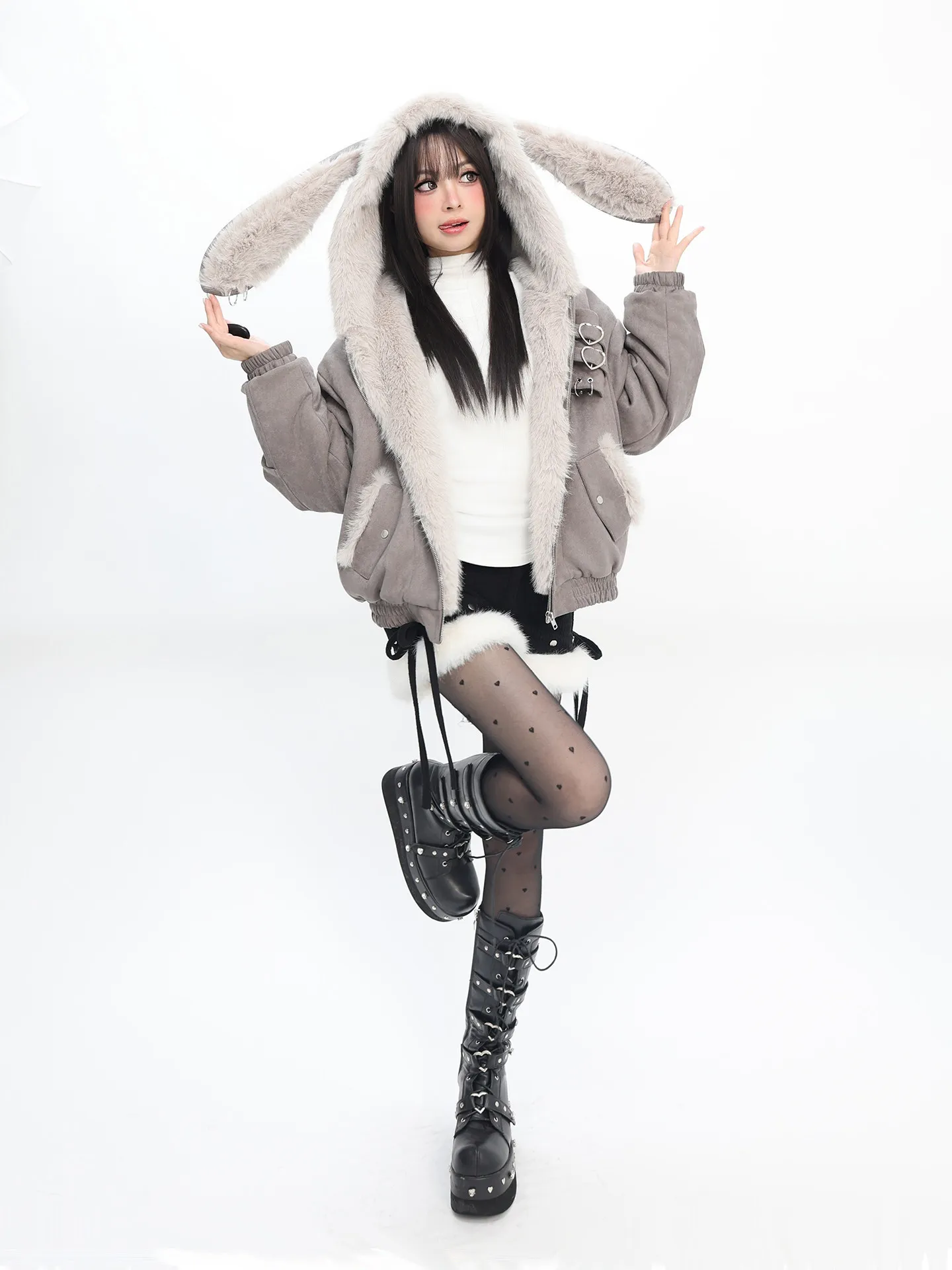 Women Y2K Bunny Ear Hooded Winter Jacket Faux Fur Flight Jacket Thickened Warm Plush Loose Hooded Jacket Women