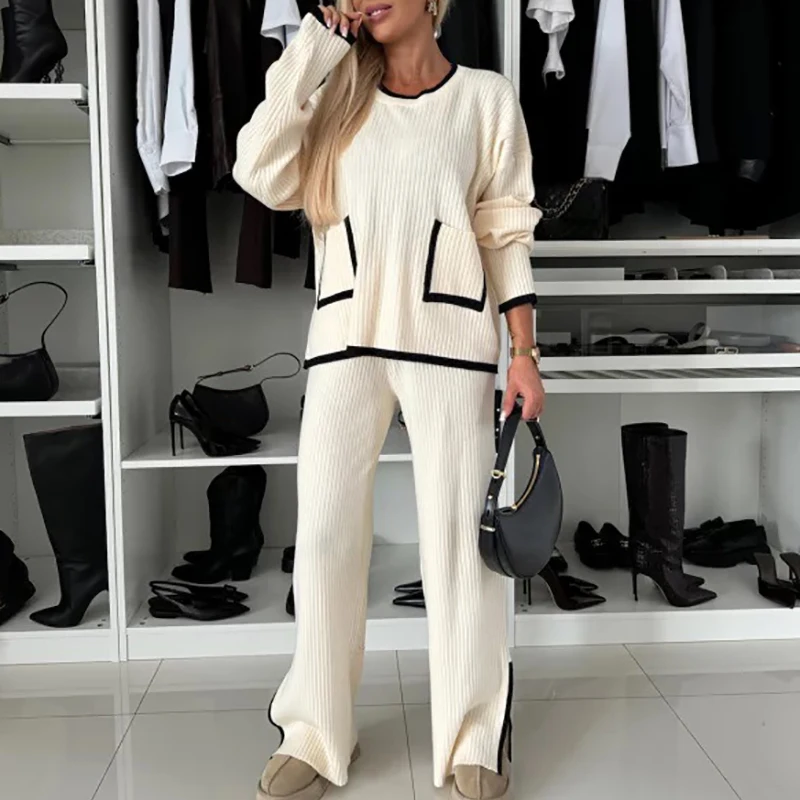 

Fashion Contrasting Knitted 2pc Set Elegant Homewear Loose Suit Winter Casual Women O-neck Long Sleeved Top+Side Split Pants Set